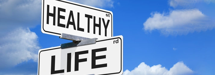 Street signs reading “HEALTHY st” and “LIFE rd” against a blue sky.