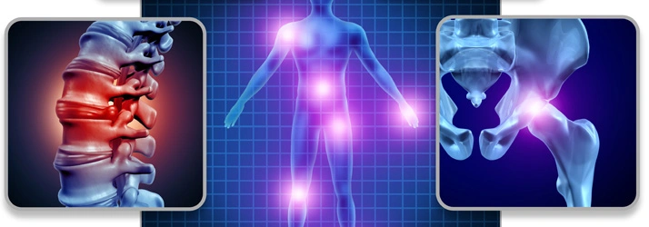 Images showing inflamed spine, hip, and pain points on body diagram.
