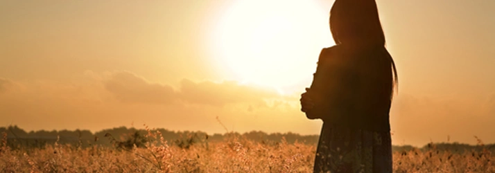 Silhouette of a person in a field at sunset, serene and contemplative.