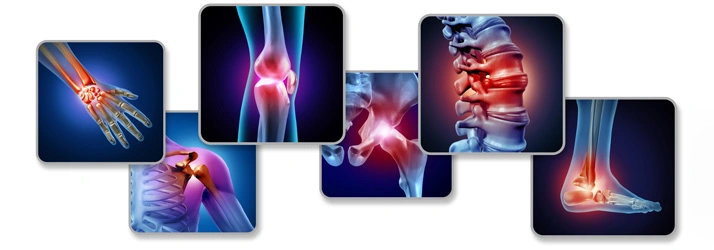 Collage of joints (wrist, knee, shoulder, hip, spine, ankle) with red pain indicators.